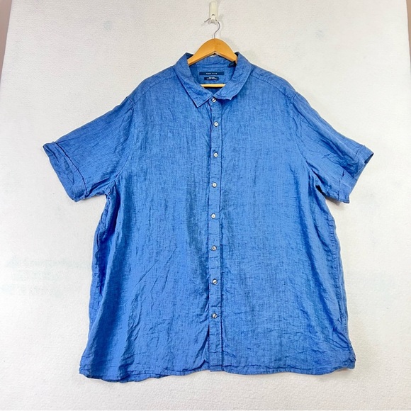 Perry Ellis 100% Linen Shirt Short Sleeve Button Up Blue Size 3X Pretty Beach - Picture 1 of 8